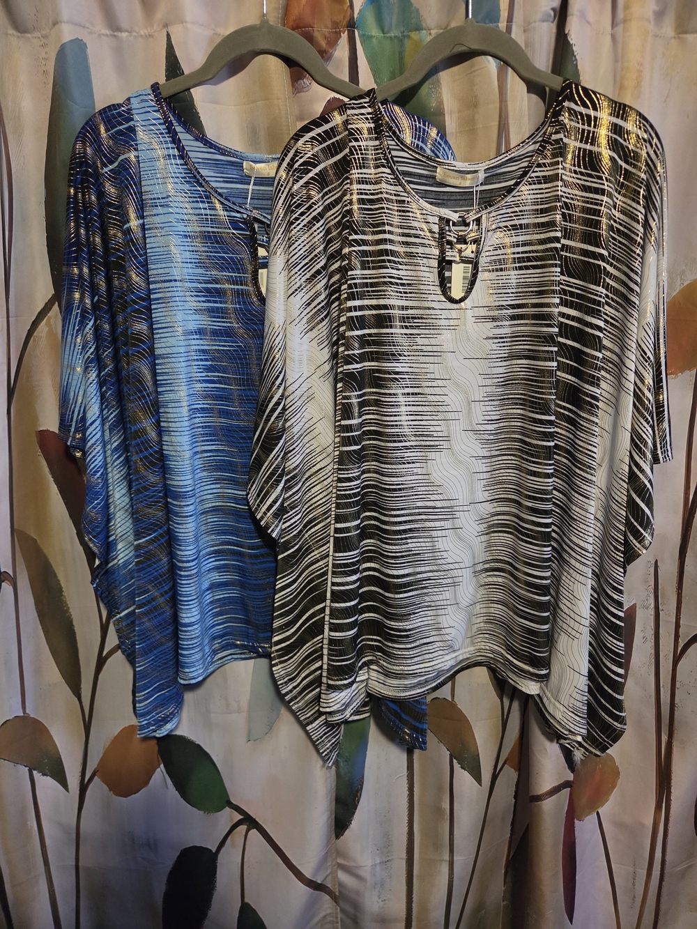 Wavy Stripe Keyhole Tunic - Blue and Black/White Set Of 2